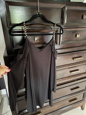 MICHAEL Michael Kors Black Cold-Shoulder Dress with Gold Chain Straps